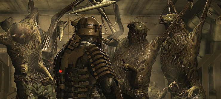 The design of Isaac Clarke makes him not appear as a variation of the Necromorph enemies, his space suit and faceless appearance make him clearly not part of that group, but put him in odds with them.